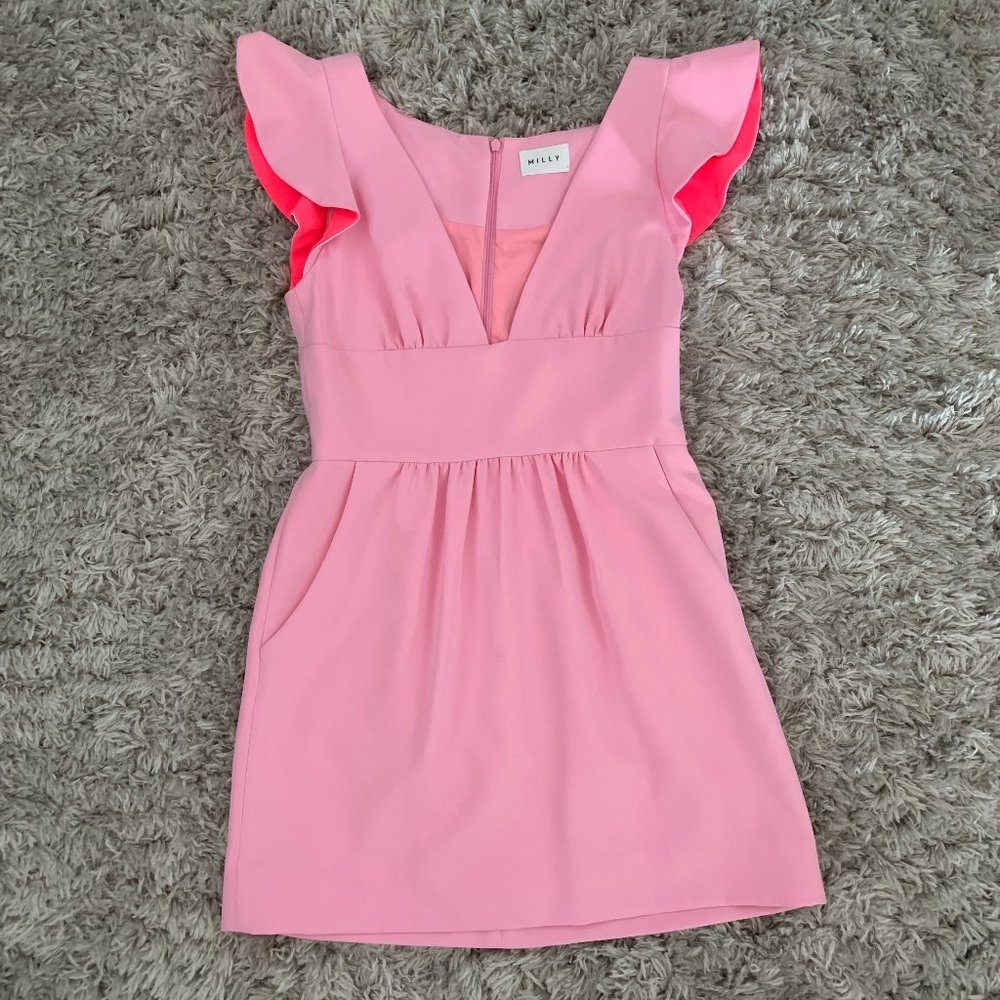 NWOT MILLY Pink Ruffle Dress Pockets Short Flirty